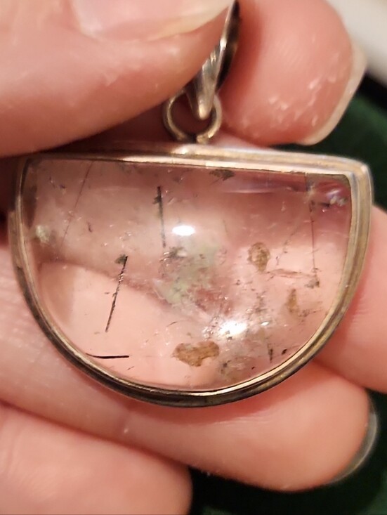 Jewelry - Rutilated Quartz Half-Moon Pendant with Various Inclusions in Sterling Setting